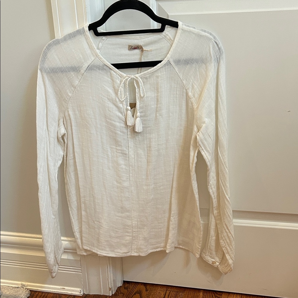 Faherty Cream Blouse with Tassel Tie